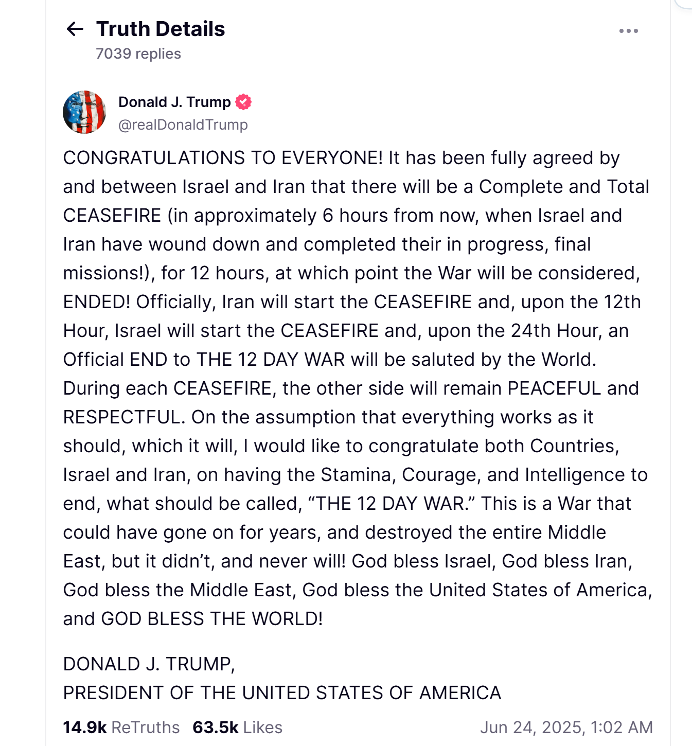 Trump said that Israel and Iran agreed on the ceasefire and the end of the war photo 1